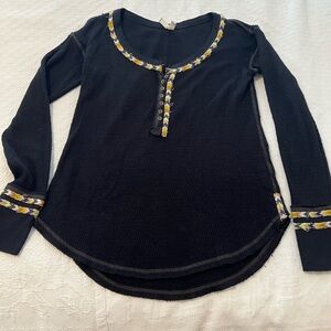 We the free Rainbow Black Long Sleeve Henley with Floral Trim